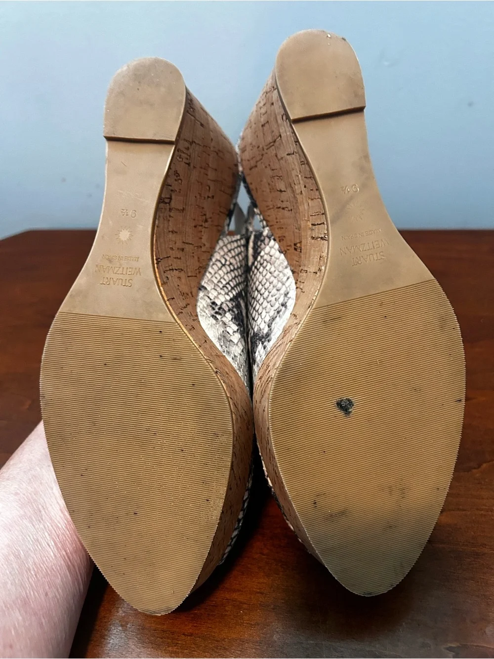 Stuart Weitzman Black & Cream Jane Snake-Print Cork Platform Sandals size 91/2 M